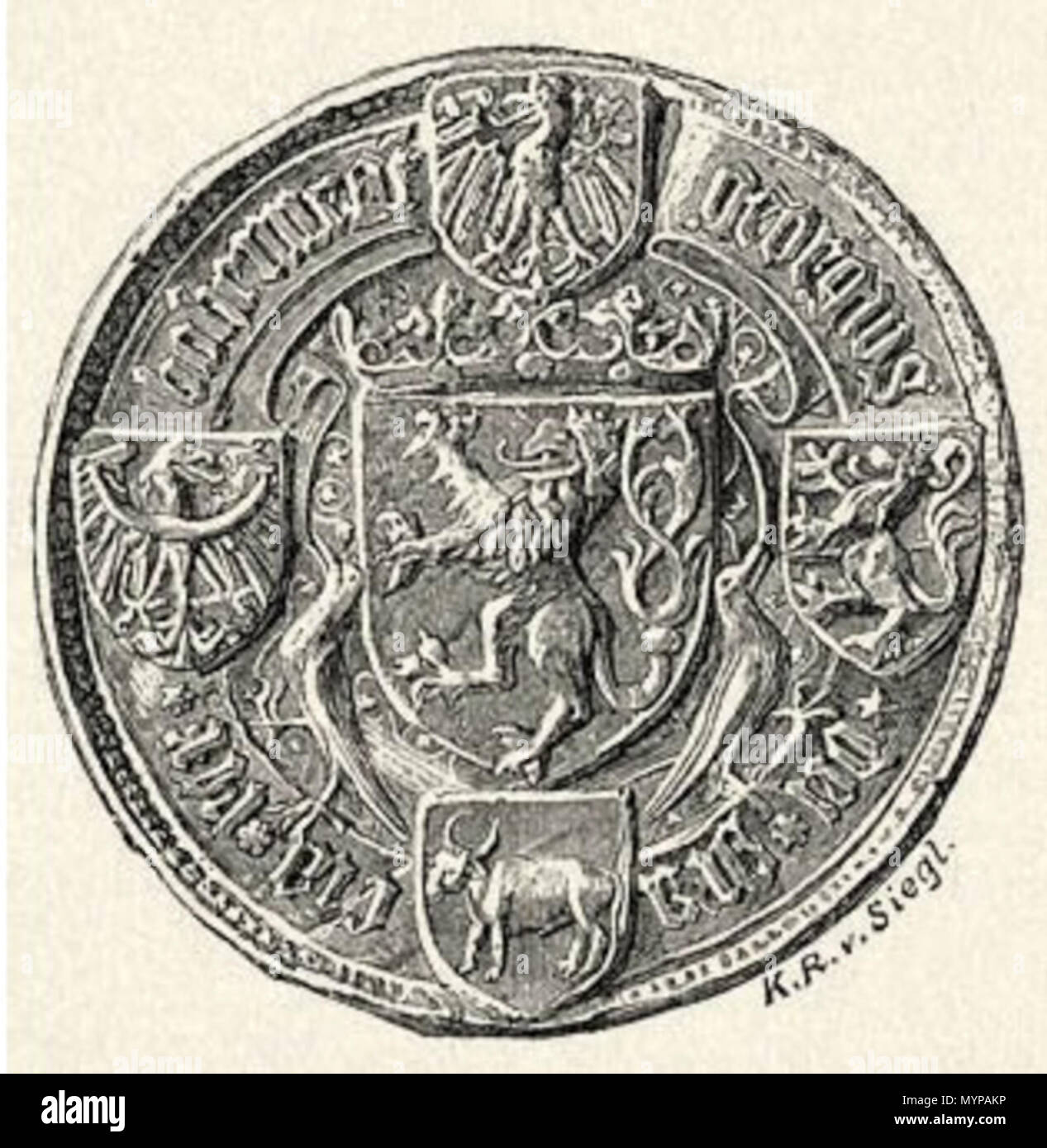 . Čeština: Pečeť Jiřího z Poděbrad. 1891. Rudolf trónörökös ő cs. És Kir. Fensége, József főherczeg ő cs. És Kir. Fensége, Fülöp Szász-Koburg-Gothai herczeg ő Fensége 427 Podebrad 2 Stockfoto