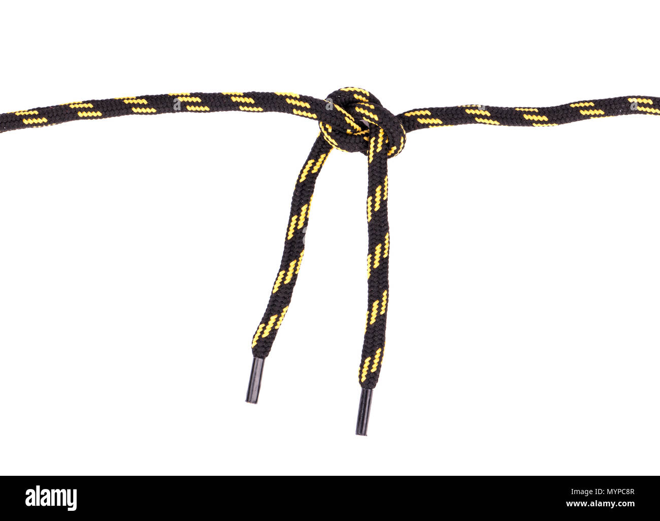 Schnürsenkel in Schwarz und Gelb ein Knoten auf einem weißen Hintergrund  gebunden Stockfotografie - Alamy