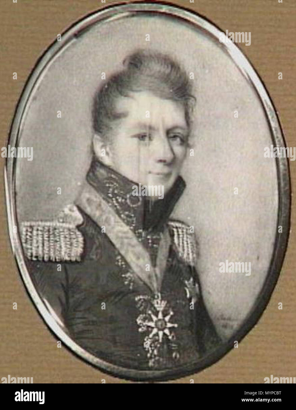 . Nederlands: Portretminiatuur van een Officier. 1810. Olieverf op Perkament. 9 × 7 cm (3.5 X 2.7 in). Amsterdam, Instituut Collectie Nederland (B 1988). Signatuur en datering rechtsonder onleesbaar. Monogramm in Verso: J.A. 1810. Ex Rijksmuseum Amsterdam (Inv. 441; 2852). 1810. Anonym (Niederlande) 1810 434 Portretminiatuur van een officier Rijksdienst voor het Cultureel Erfgoed B 1988 Stockfoto