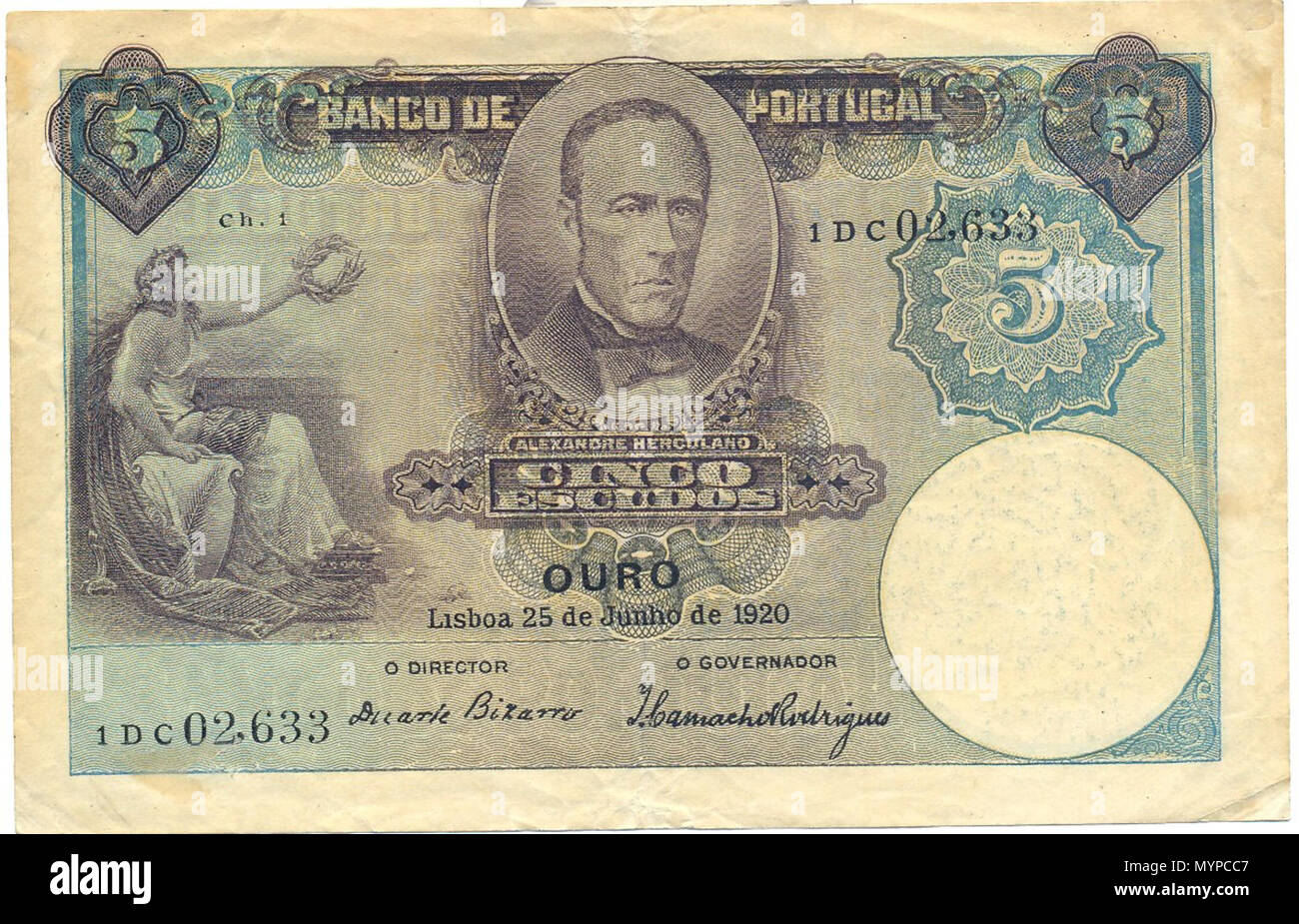 . Englisch: Banknoten von Portugal 5 Escudos Banknote von 1920, Rua Alexandre Herculano. Vom 4. Juli 2013, 18:37:29. Bank von Portugal 434 Portugal Währung 5 Escudos Banknote von 1920, Rua Alexandre Herculano Stockfoto