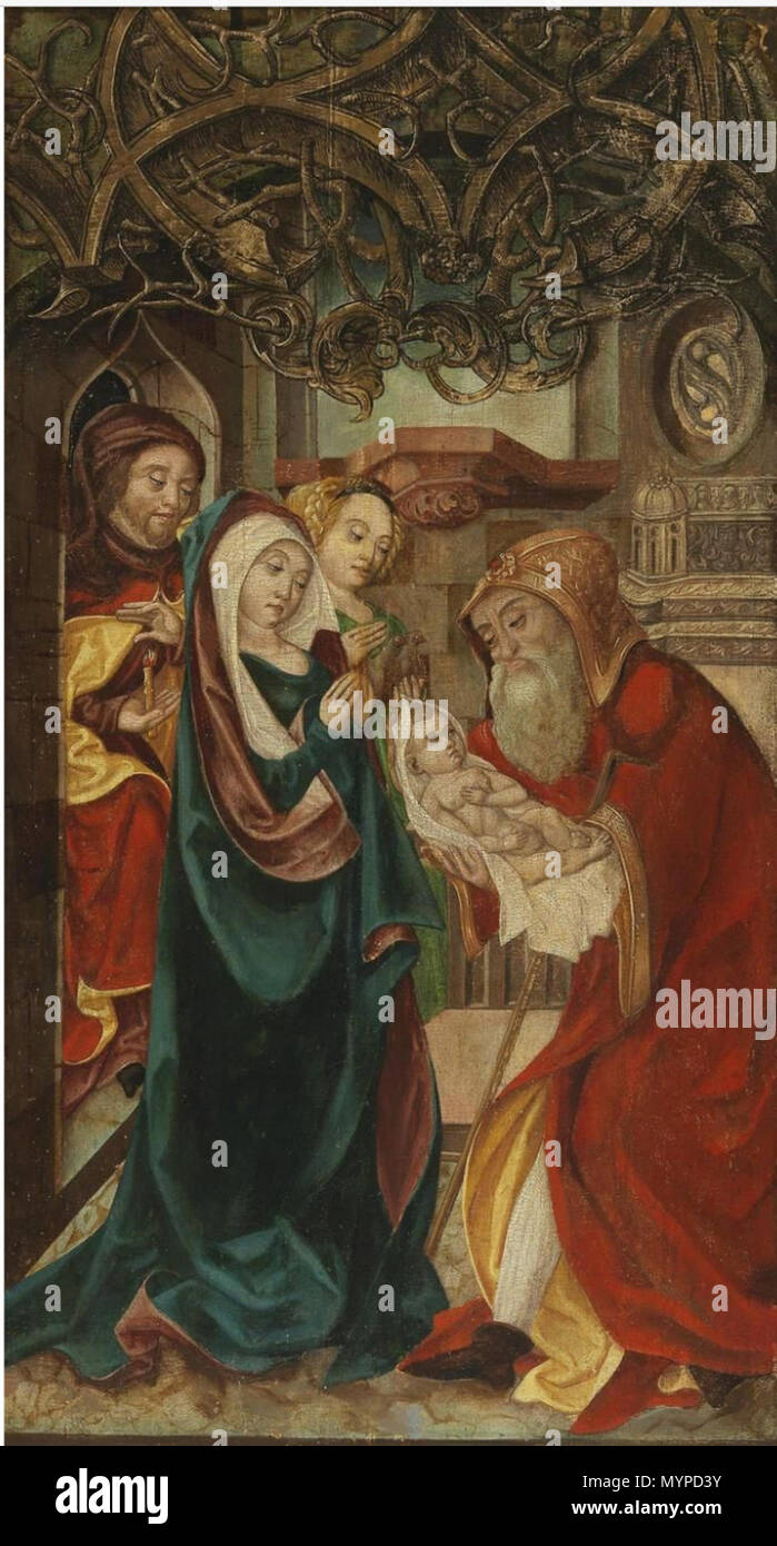. Englisch: Öl Gemälde der Darstellung Christi im Tempel, Mix aus Mittelalter und Renaissance im Norden, St. Simeon, Jungfrau Maria, St. Joseph, Baby, Jesus, und Anna. Am ehesten als einen Flügel ein Altarbild stammt. ca. 1500. Anonym 436 Präsentation Süddeutschen Ende des 15. Jahrhunderts Stockfoto