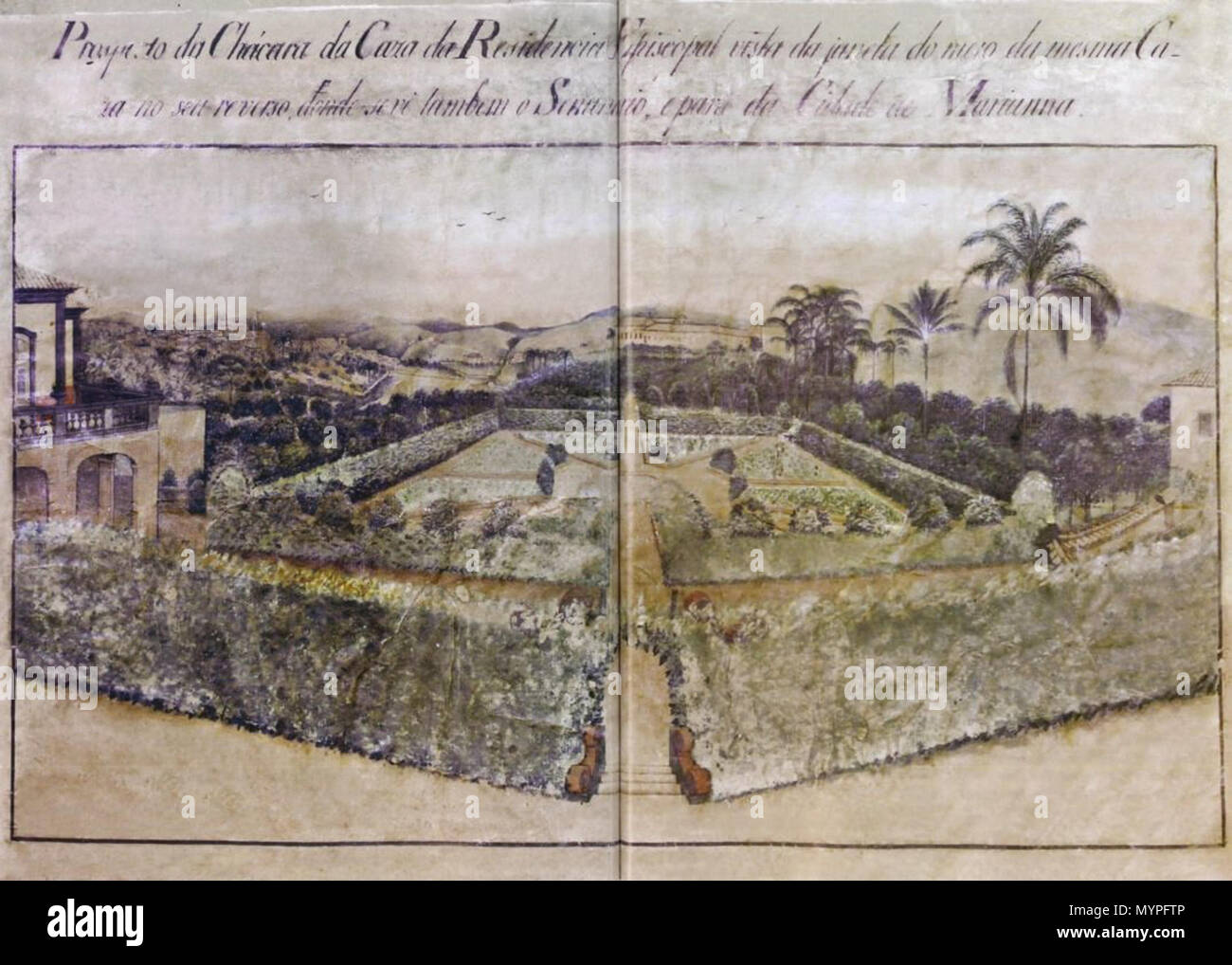 . Português: chácara Episcopal de Mariana e Jardins de Dom Cipriano, aquarela do Padre José Joaquim Viegas de Menezes, pintada Entre 1801 e 1809. 1. Januar 2015. Padre José Joaquim Viegas de Menezes (Vila Rica, 1778-1841) 452 Residencia Bischöflichen Stockfoto