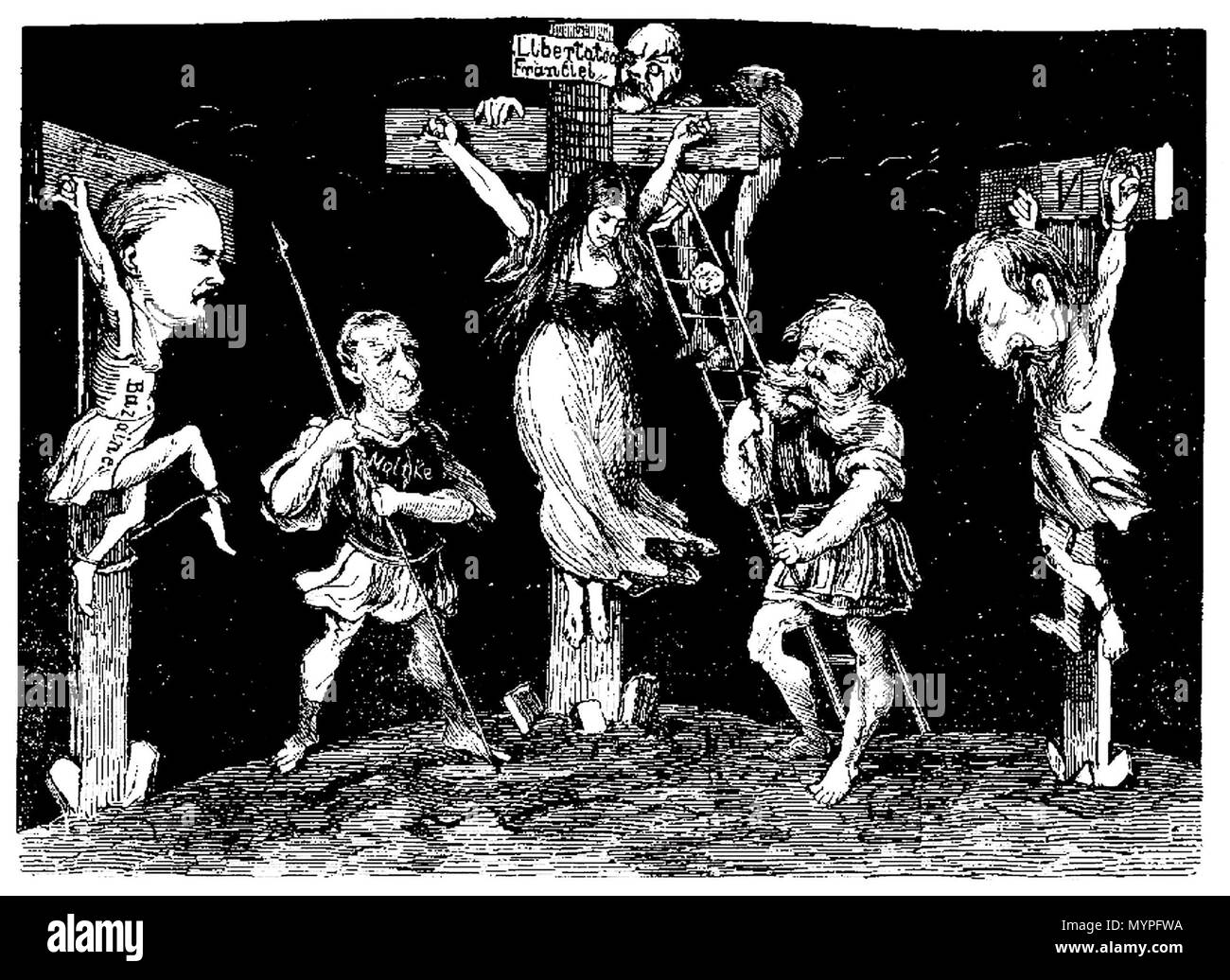 . Englisch: Frankophile Cartoon in der rumänischen Zeitung Gura Satului, in Siebenbürgen Region, Österreich-ungarn veröffentlicht. Preußen und ihre Verbündeten hatte gerade das Französische Kaiserreich, Ereignisse als Parodie kreuzigungsszene dargestellt abgelehnt: "Völker" Freiheit' in der Mitte, der französische Kaiser Napoleon III. (rechts) und seine entehrte Marschall, François Achille Bazaine, als Pönitent Diebe. Die Preußische Victors (Wilhelm I., Bismarck, Moltke der Ältere) als römische Soldaten. Napoleon, der Freiheit Abbildung: Tu, Pflege voiesci dómn sà Fii'a lumei, mantuesce te acum' eine Zinke, ne mantue Sì pre Noi, Cà apoi é Stockfoto