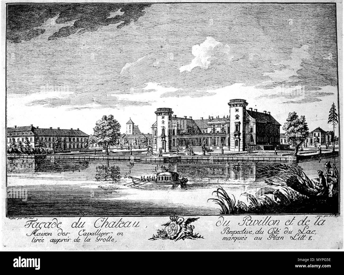 . English: Blick in das Rheinsberger Schloss. Englisch: Blick nach Rheinsberg. . Ca. 1740 453 Rheinsberg ca 1740 Stockfoto