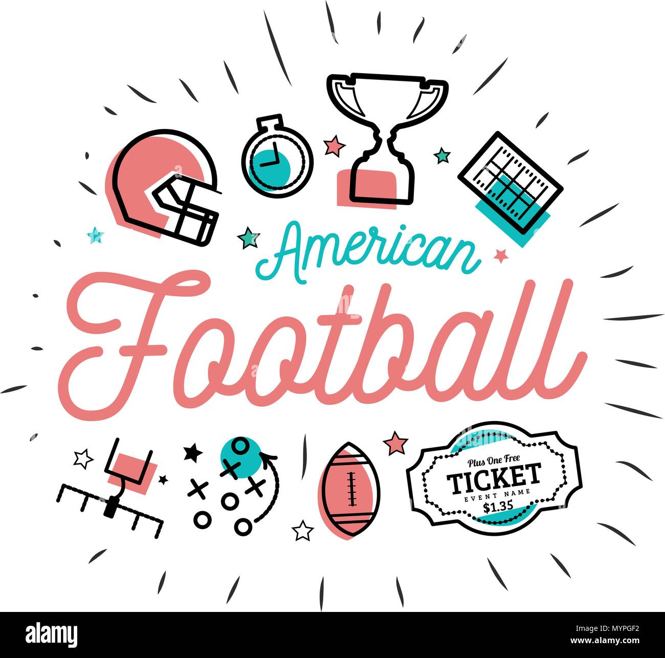 American Football. Vector Illustration im Stil von dünnen Linien mit flachen Symbole Stock Vektor