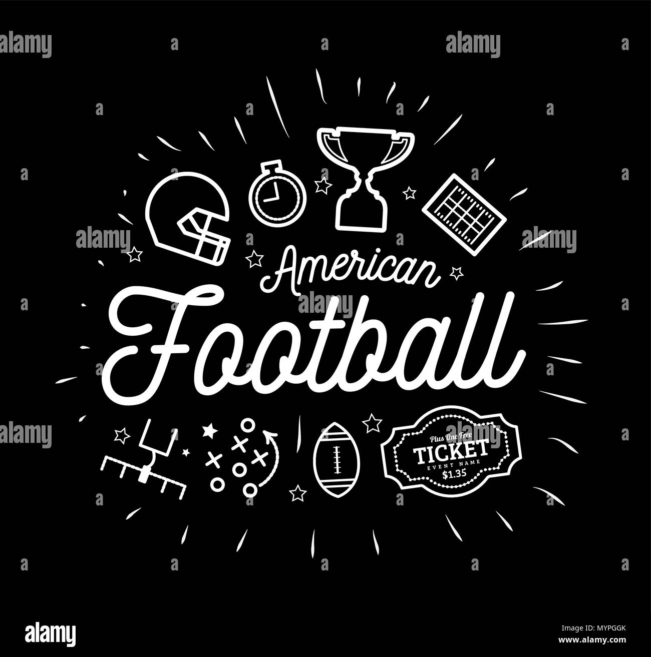 American Football. Vector Illustration im Stil von dünnen Linien mit flachen Symbole in Schwarz und Weiß Stock Vektor