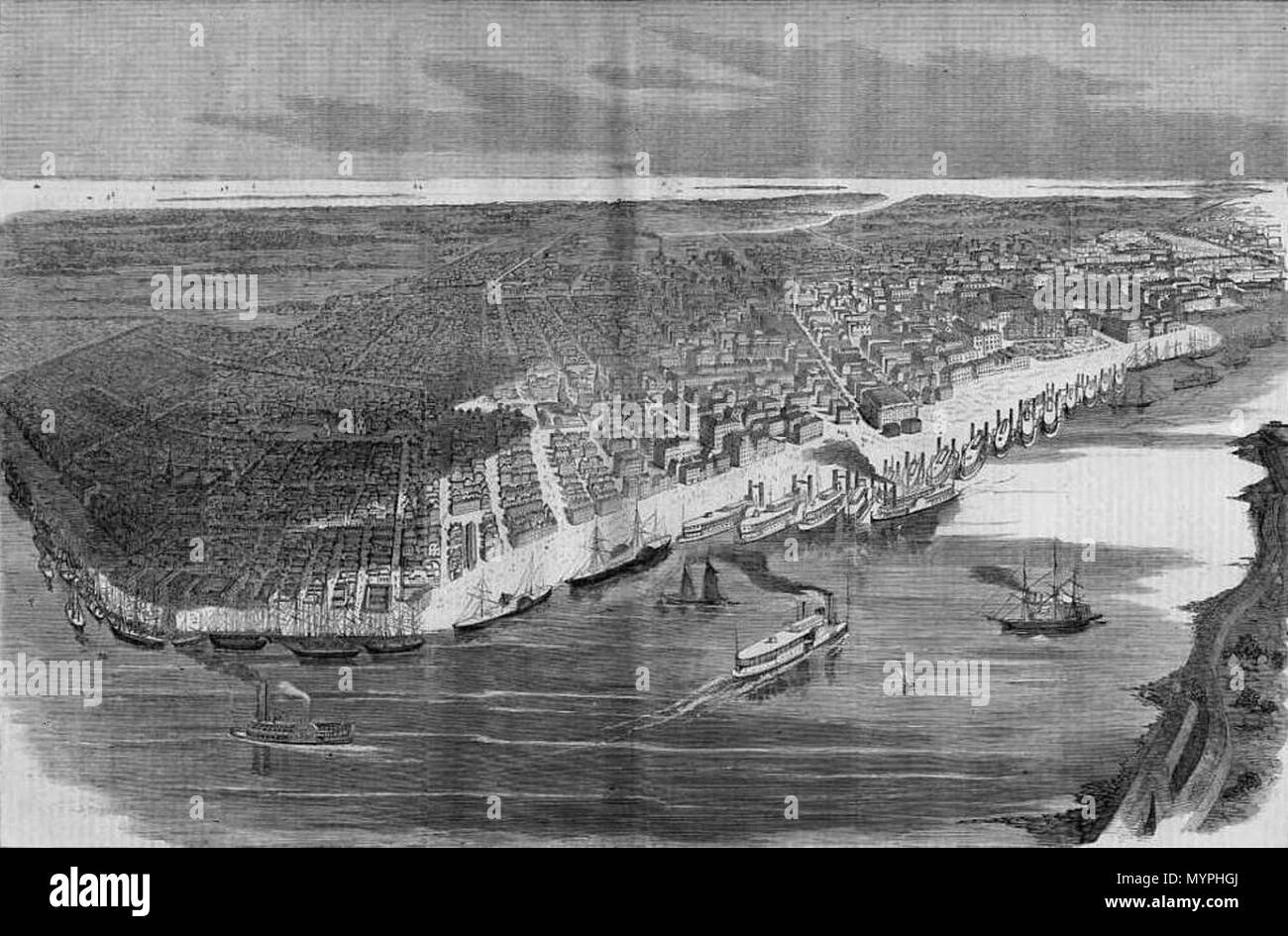 . Englisch: die Stadt New Orleans, Louisiana, einem holzstich in Harper's Weekly, Mai 1862 veröffentlicht. Vögel Artist's' Eye View' aus der Perspektive in der Luft über dem Mississippi River gegenüber von Faubourg Ste. Marie, jetzt Speicherstadt, Rückblick auf See Pontchartrain. Die Linie der Canal Street ist rechts von der Mitte; der Block von der US-Zollbehörde Haus auf der rechten Seite des Flusses Ende Hinweis beträchtlichen Bereich open Boden entlang der Flussufer; in dieser Zeit als Raum für Fracht geladen und entladen von dampfschiffen. Deutlich zu sehen sind Bayou St. John anschließen an Lake Ponchartrain Towa Stockfoto