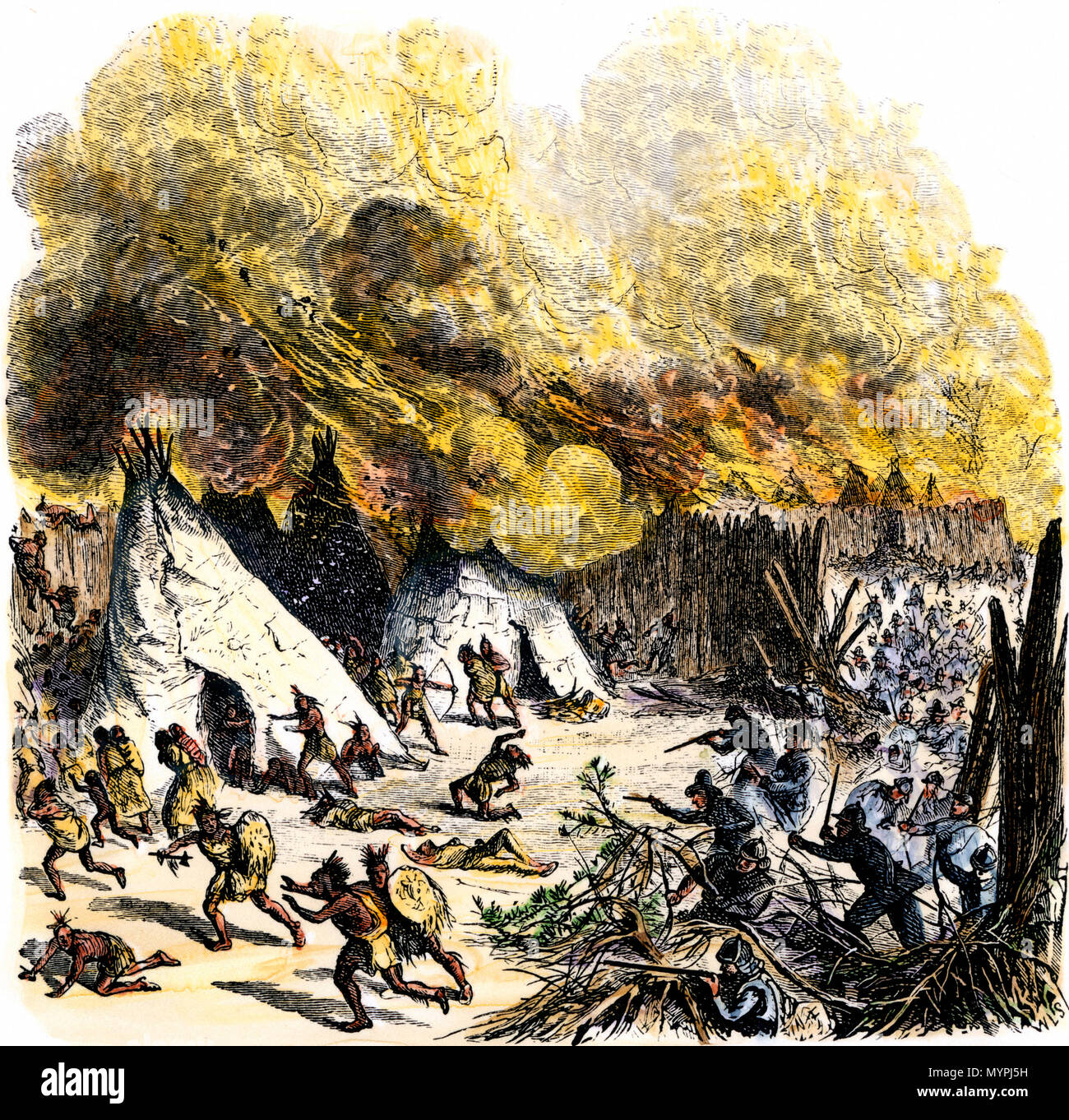 Kapitän Mason's Angriff auf befestigte Dorf der Pequot, 1637. Hand - farbige Holzschnitt Stockfoto