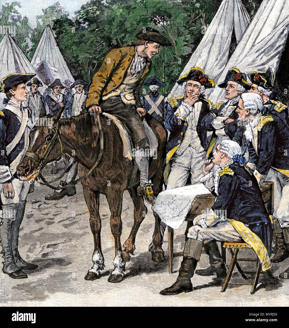 General Washington ist die Nachricht, dass die Briten die Brandywine gekreuzt hatte, Philadelphia, 1777 zu besetzen. Hand - farbige Holzschnitt Stockfoto
