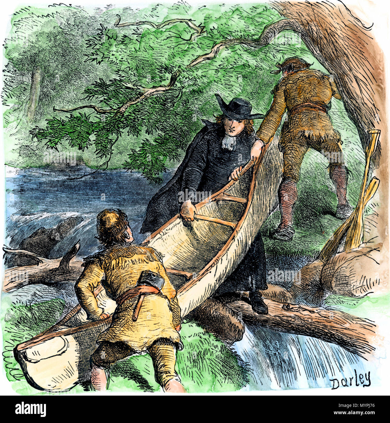 Französische Missionar und Pelzhändler mit einem Kanu auf eine Portage in Nordamerika. Hand - farbige Holzschnitt Stockfoto