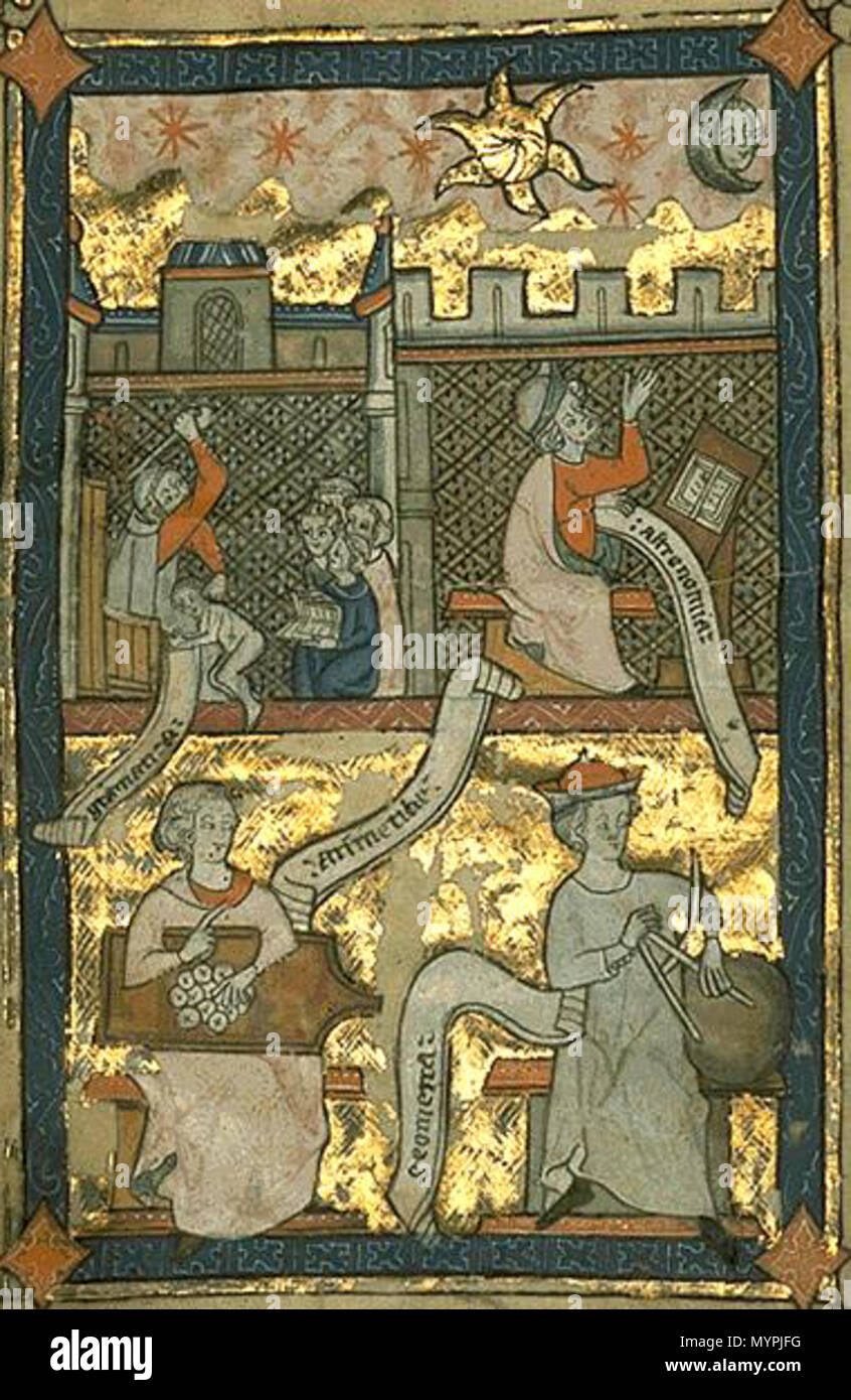 . Englisch: Sieben Freien Künste gibt es keine Trennung von Trivium und Quadrivium. Die erste Seite. Oben auf der linken Seite die Grammatik bestraft die Schüler vor der ganzen Klasse (vier Schüler scheinen mit der Szene sich amüsieren). Auf der rechten Seite, um die Astronomie als der Astronom, der am Himmel (an den Mond, die Sonne und Sterne) seine Aufnahmen zu tun vertreten ist. Unter Arithmetik mit einem Abacus und Geometrie mit einem Zirkel. Español: Siete artes liberales. Kein Heu división en el Trivium y el Quadrivium. La primera página. Arriba a la Izquierda la Gramática castiga Al alumno ante Toda la Clase (Los Cuatro Stockfoto