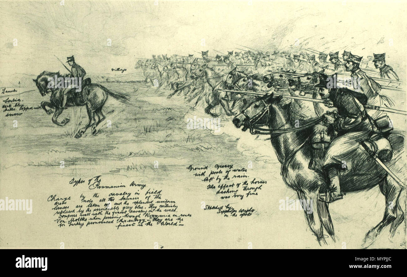 . Rumänien das herrliche cavalery - Troopers Ruhm in der Armee von unserer neuen Verbündeten IN DAS FELD EIN. Grau der moderne Krieg; keine brillante Frieden - ZEIT Uniformen oder Lanze - FÄHNCHEN: Rumänische Kavallerie geladen. In Bezug auf die Nation der rumänische Kavallerie als crack Truppen, die Tinte des Service. Die Männer sind gute Reiter und der exzellenten Körperbau, werden gründlich diszipliniert, und Ihr Geschäft kennen. Sie sind auf eine Art des Pferdes in der Land montiert. Brillant uniformierten in der Zeit des Friedens - kaum der Deutschen oder der Österreichischen Husaren waren mehr showily gekleidet - die Rou Stockfoto