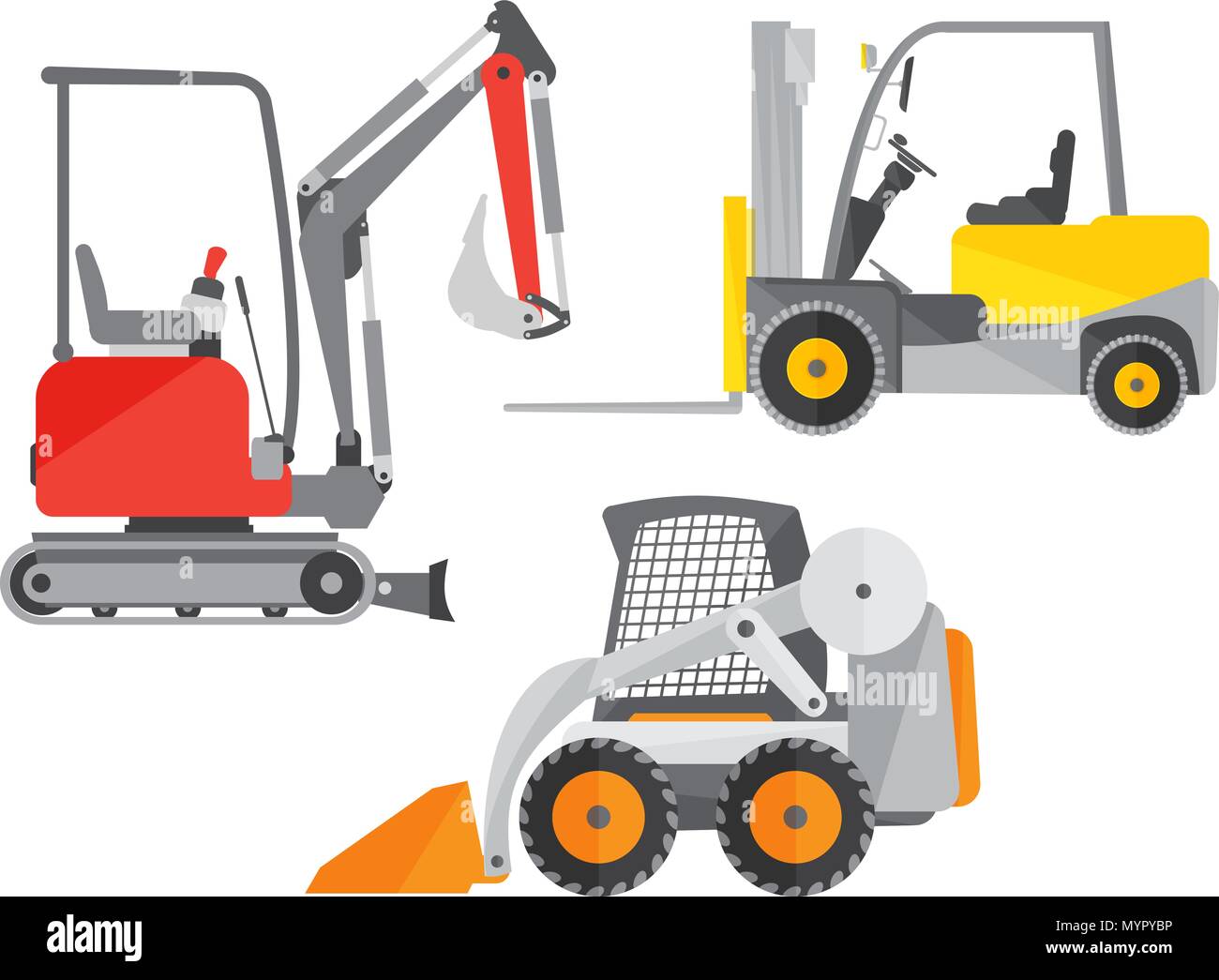 Schematische Darstellung von zwei Mini-Traktoren und Bagger und ein mini Gabelstapler Stock Vektor