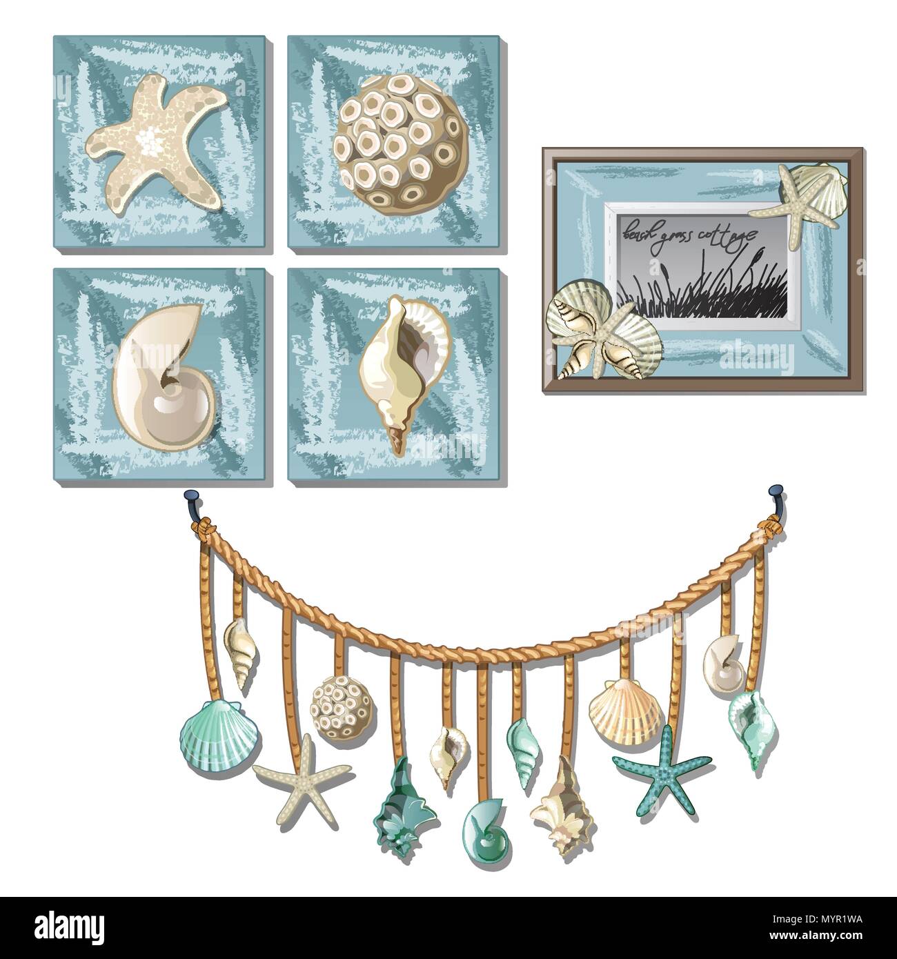 Die Wandmalereien und Gemälden mit exotischen Muscheln und Muscheln und die Elemente im Inneren auf die marine Thema auf weißem Hintergrund. Vektor cartoon Close-up Abbildung. Stock Vektor