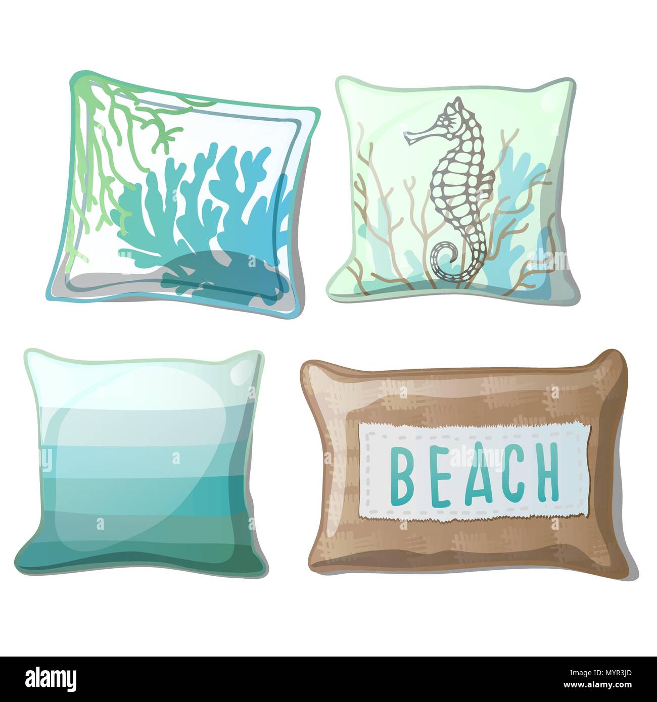 Set von Kissen mit einem stilvollen Drucken in Türkis auf weißem Hintergrund. Vector Illustration. Stock Vektor