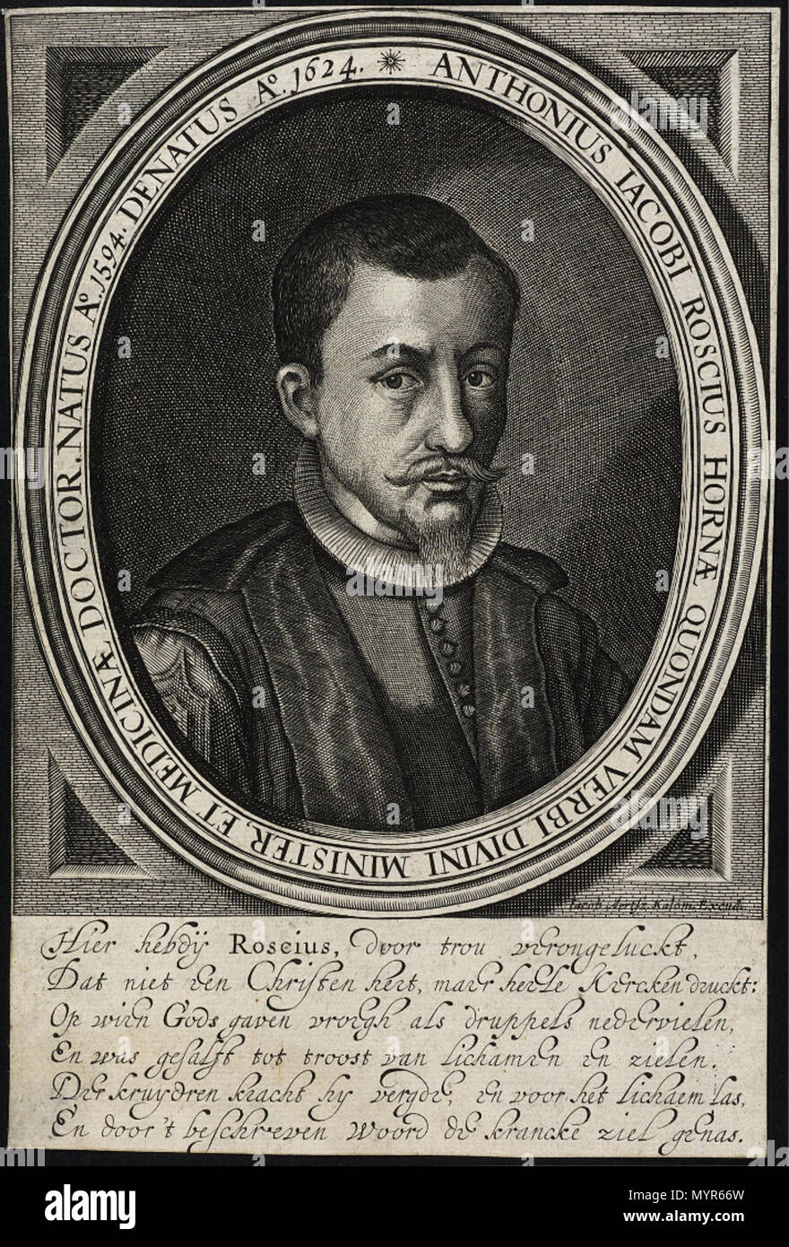 . Titel: "Anthonius Roscius Iacobi hornae quondam Verbi Divini Minister, et medicinae Doctor, A° natus. 1594, denatus A°. 1624". Erste Hälfte 17. Jahrhundert. Unbekannt. Bildunterschrift (Gedicht): Joost van den Vondel 1587-1679 462 Anthoni Jacobs (roscius) Stockfoto