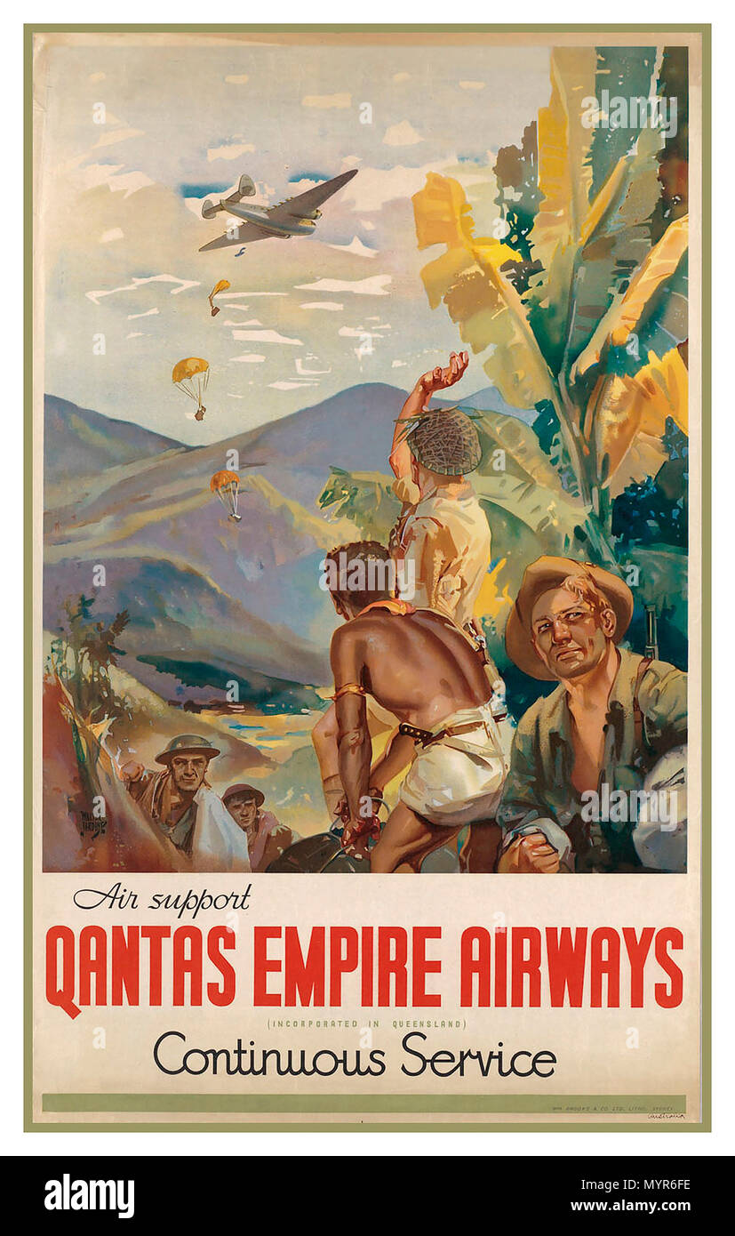 WW2 Vintage Propagandaplakat 1944 Air support Qantas Empire Airways. Dauerbetrieb pazifischen Krieg Stockfoto
