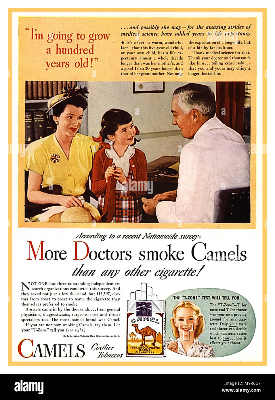 Der 1940er Jahrgang Rauchen drücken Sie Poster Werbung in 1946, der RJ Reynolds Tobacco Company lanciert eine neue Werbekampagne für Kamele. Die Dominanz in einem hart umkämpften Markt zu etablieren, Reynolds zentriert seine neue Kampagne unter dem Slogan, "mehr Ärzte rauch Kamele als jede andere Zigarette" auf der Basis von mehr als 7.000 Artikeln in Bezug auf Rauchen und Krankheiten zur Verfügung zu dieser Zeit in der biomedizinischen Literatur, des Beratenden Ausschusses zu dem Schluss, dass Zigarettenrauchen war eine Ursache für Lungenkrebs Mit diesem werden die Worte "Rauchen tötet" gebrandmarkt wurden, in das öffentliche Bewusstsein. Stockfoto