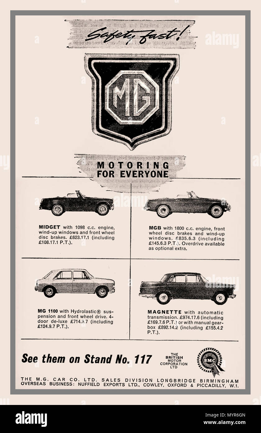 1964 Motor Show MG Presse Werbung für MG Palette von Personenwagen Stockfoto