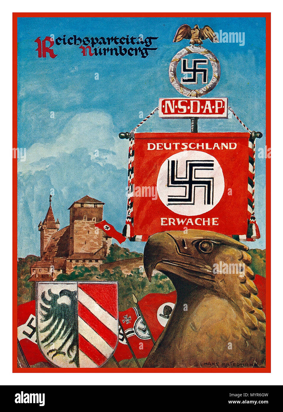 Jahrgang 1930 des Nationalsozialistischen Nürnberg Rallye Poster Postkarte der NSDAP-Reichsparteitag Nürnberg 1930 mit Hakenkreuz Fahne "Deutschland Wach' Nationalsozialistische Deutsche Arbeiter-Partei.-- Reichsparteitag Stockfoto
