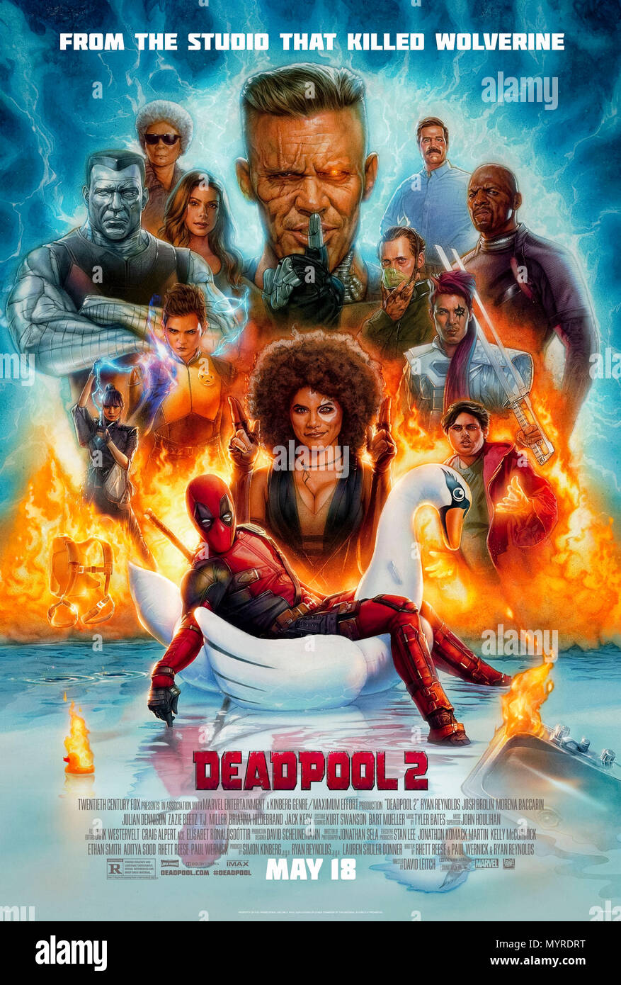 Deadpool 2 (2018) von David Leitch Regie und Hauptdarsteller Ryan Reynolds, Josh Brolin, und Morena Baccarin. Wade Wilson liefert weitere respektlose Spaß. Stockfoto