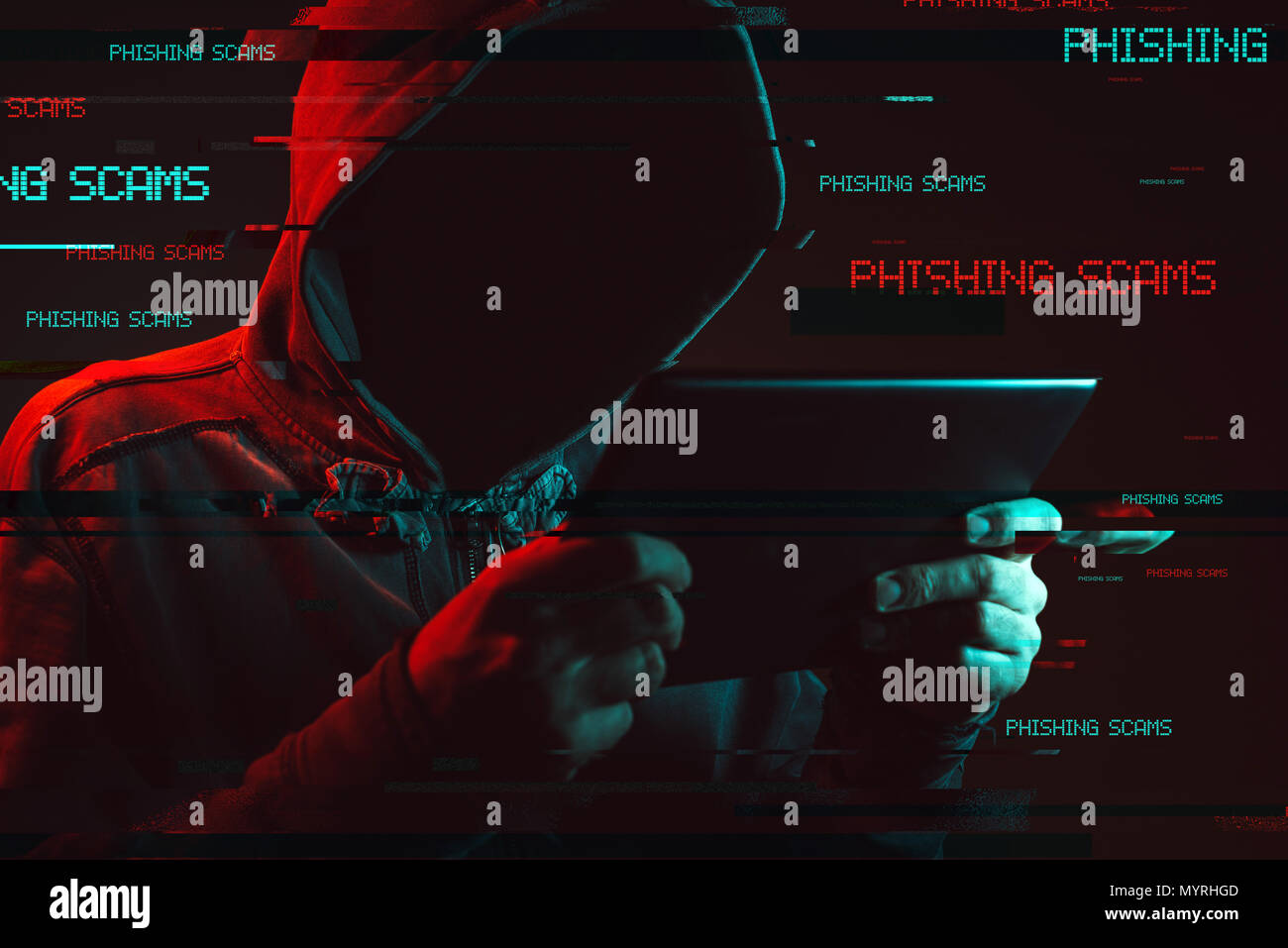 Phishing Scams Konzept mit gesichtslosen Hooded männliche Person, Low Key rot und blau beleuchtete Bild und digitale glitch Wirkung Stockfoto