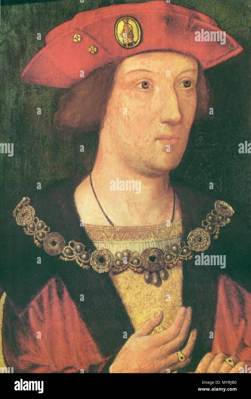 . Englisch: Kragen aus roten und weißen Rosen und einem Hut Tudor Abzeichen, die die Gestalt des hl. Johannes des Täufers. . Arthur Prince of Wales. ca. 1500 365 Arthurtudor Stockfoto