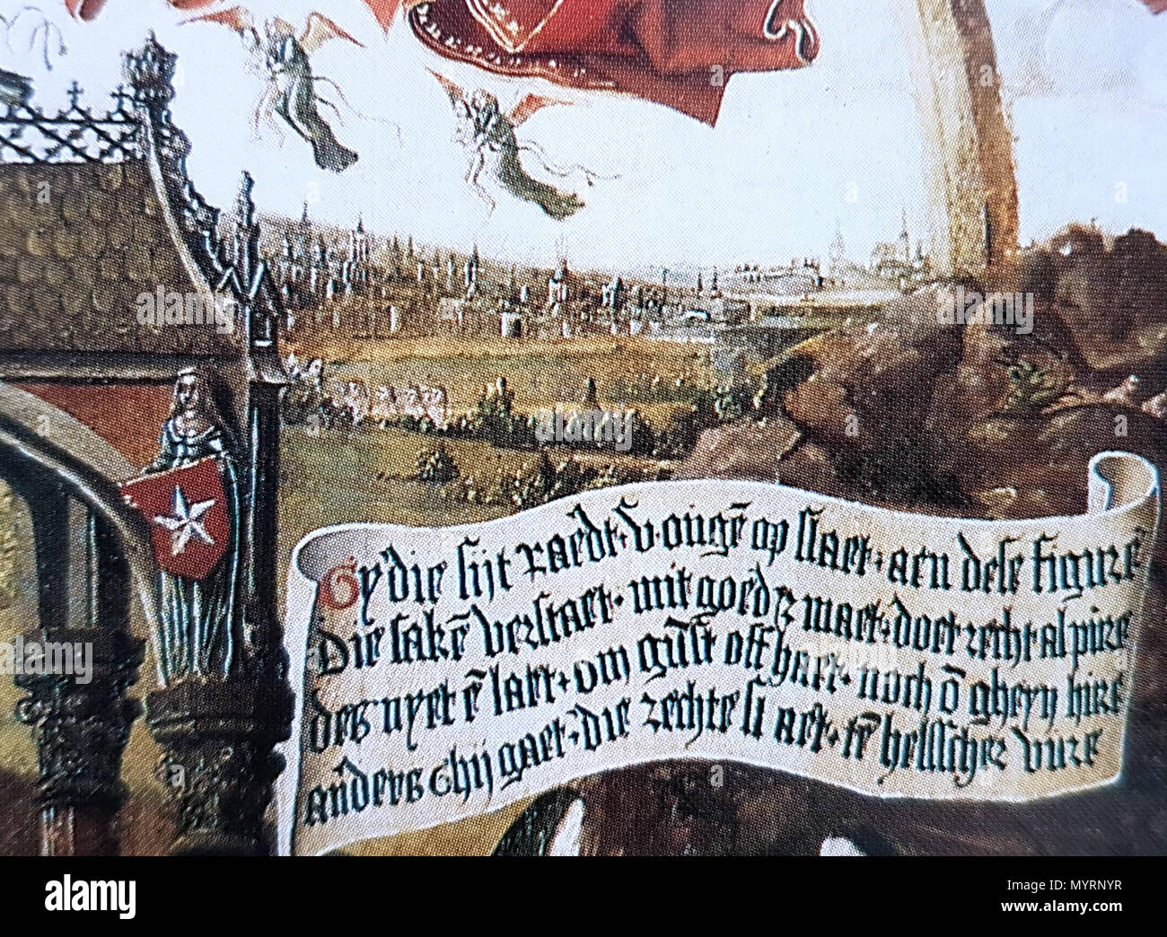 . Englisch: Blick auf die Stadt Maastricht, eine Jungfrau Holding das Wappen von Maastricht und eine schriftliche Ermahnung an die Richter ehrlich und fair zu sein. Detail eines Gemäldes von Jan Van Brussel abgefüllt (1499). Dieses Gemälde einmal in Dinghuis, die Mittelalterliche Gerichtsgebäude in Maastricht, Niederlande. Es hängt nun im Rathaus. . 16 Juli 2016, 09:56:32. Jan Van Brussel, 1499 10 Gerechtigheidstafereel, Stadhuis v Vertrag von Maastricht (J v Brussel, 1499) - Detail Stockfoto