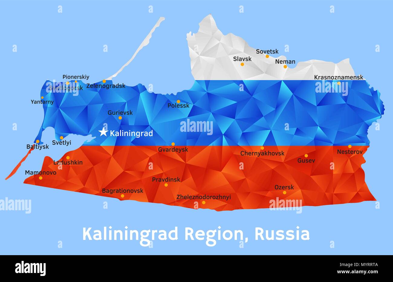 Vektor geometrische vieleckige Karte der Region Kaliningrad, Russland lackiert in den Farben der Nationalflagge, die mit gekennzeichneten größten Siedlungen Stock Vektor