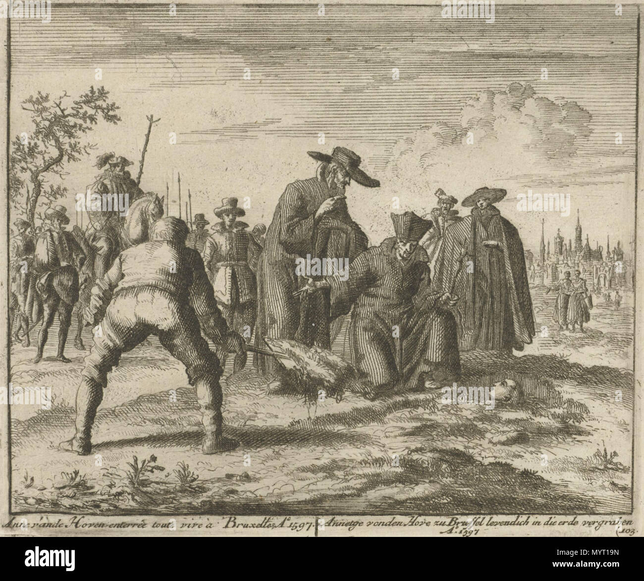 . Nederlands: Anneken Van Hove levend begraven te Vilvoorde im Jahre 1597. Etsprent van Jan Luyken (noordelijke Nederlanden, Ca. 1683 - 1685) Uit: Theater des Märtyrer, depuis La Mort De J. Christus jusqu'à vorhanden (Leiden, Ca. 1715) Hove zu Brussel levendich in der Erde vergraben, Ao. 1597 360 Anneken Van Hove te Brussel levend begraven (Jan Luyken, 1597) Stockfoto