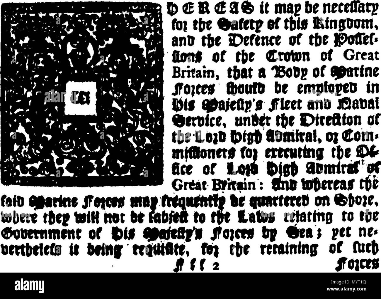 . Englisch: Fleuron aus Buch: Anno Regni Georgii II. Regis Magnae Britanniae, Franciae, & Hiberniae, tricesimo secundo. Im Parlament begonnen und an der Westminster, die 30 ersten Tag im Mai anno Dom Holden. 1754. Im 21. Jahr der Herrschaft unseres Herrn, Herrn George der Zweite, durch die Gnade Gottes, von Großbritannien, Frankreich und Irland, König, Verteidiger des Glaubens, &c. Und von dort weiter durch mehrere prorogations des 23 dritten Tag von November 1758, die sechste Tagung dieses Parlaments. 360 Anno Regni Georgii II Fleuron N 056638-16 Stockfoto