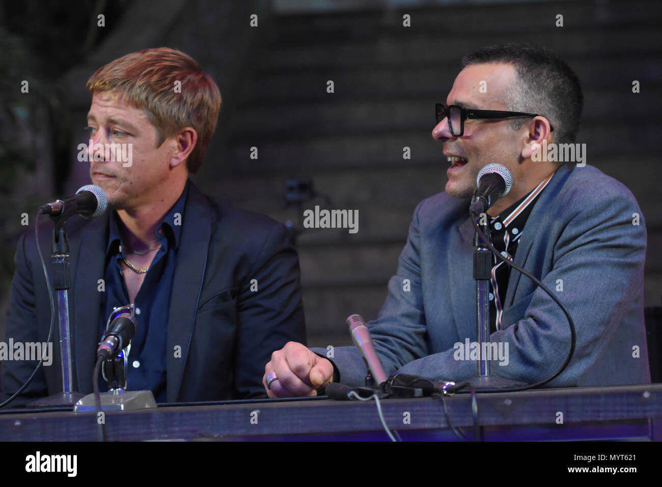 CIDADE DO MÉXICO, DF - 07.06.2018: INTERPOL MARAUDER ALBUM LAUNCH IN MEXIKO - Paul Banks und Sam Fogarino Mitglieder der amerikanischen Band während einer Pressekonferenz starten das neue Album &#39; &#39; Marauamp in Mexiko City, Mexiko (Foto: Carlos Tischler/Fotoarena) Stockfoto