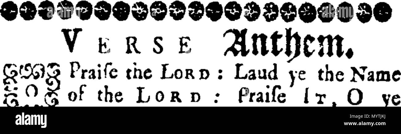. Englisch: Fleuron aus Buch: Hymnen: für zwei, drei, vier, fünf, sechs, sieben und acht Stimmen. Wie Sie jetzt durchführen möchten, in der Kathedrale und Metropolitical Kirche St. Petrus in York: in der Kathedrale Kirche Christi und der Jungfrau Maria, die Heilige Jungfrau, in Durham: und in der Kathedrale Kirche der Seligen Jungfrau Maria, in Lincoln. Mit dem Präfix ", eine Tabelle der Prediger, und die Zeiten von ihrer Predigt, in der sagte Kathedralen. Von Thomas Ellway, Master von den Kindern der Kathedrale in York gesammelt. 366 Hymnen - für zwei, drei, vier, fünf, sechs, sieben und acht Stimmen Fleuron T 13596 Stockfoto