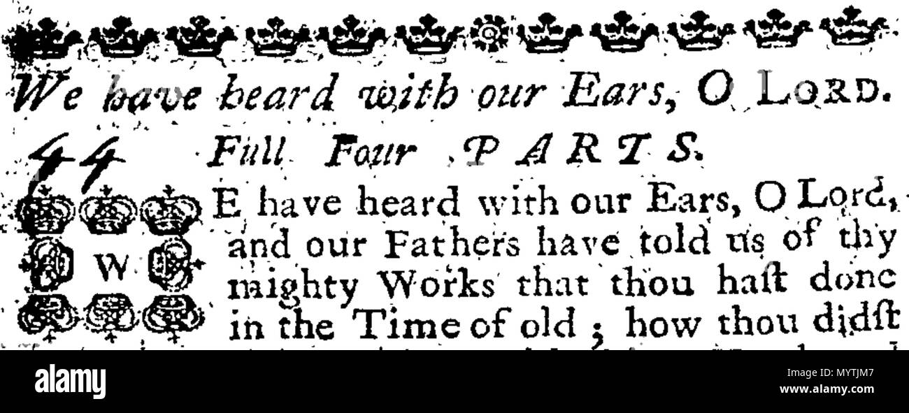 . Englisch: Fleuron aus Buch: Hymnen: für zwei, drei, vier, fünf, sechs, sieben und acht Stimmen. Wie Sie jetzt durchführen möchten, in der Kathedrale und Metropolitical Kirche St. Petrus in York: in der Kathedrale Kirche Christi und der Jungfrau Maria, die Heilige Jungfrau, in Durham: und, in der Kathedrale Kirche der Seligen Jungfrau Maria, in Lincoln. Mit dem Präfix ", eine Tabelle der Prediger, und die Zeiten von ihrer Predigt, in der sagte Kathedralen. Gesammelt und von Thomas Ellway, Master von den Kindern der Kathedrale in York verkauft. 366 Hymnen - für zwei, drei, vier, fünf, sechs, sieben und acht Stimmen Fleu Stockfoto