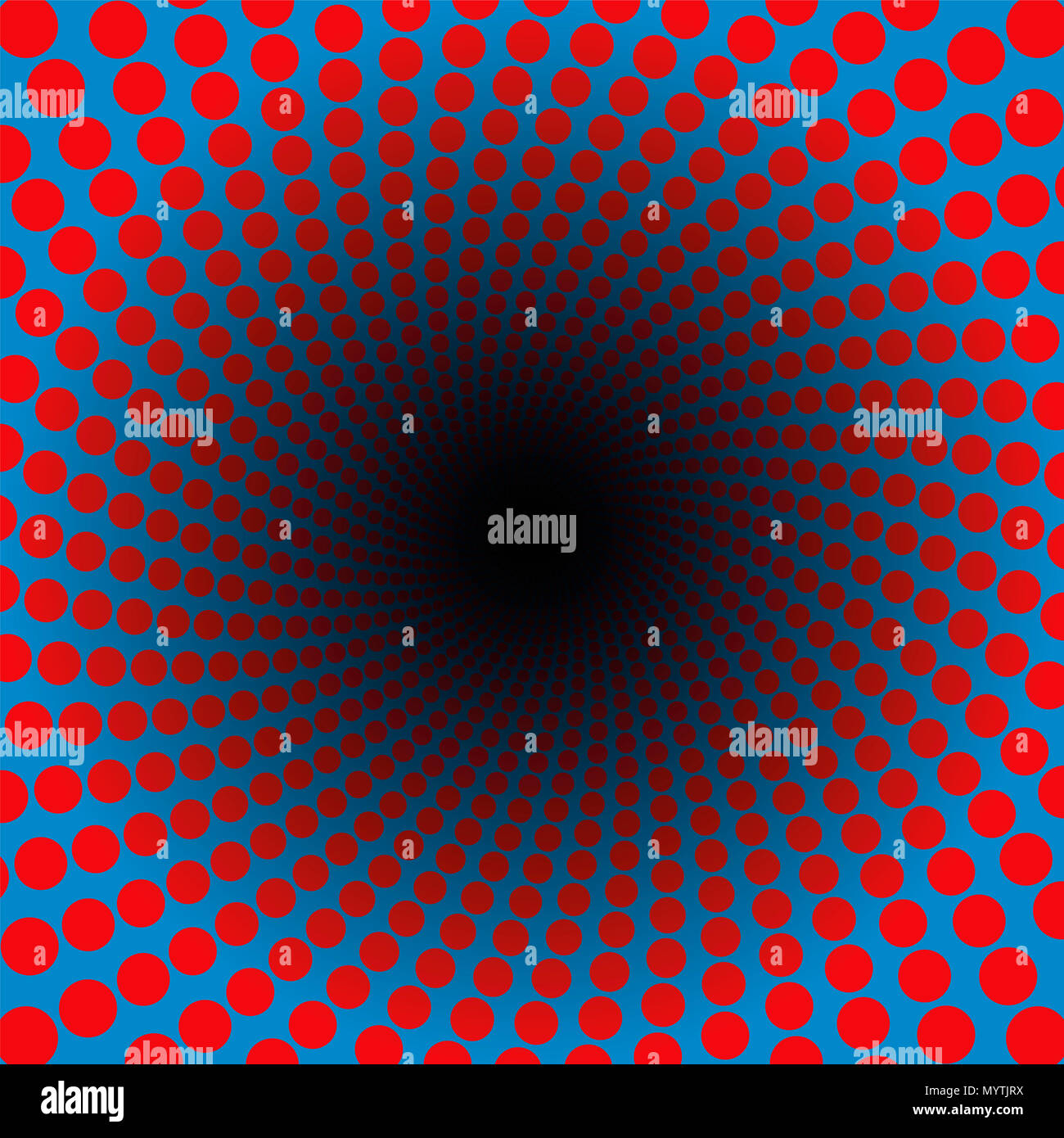 Spiralförmige Muster der roten Punkte in einem blauen Tunnel mit schwarzem Zentrum-hypnotischen, lebendige, Psychedelic, reibt, pulsierende - twisted Rundschreiben Fraktal. Stockfoto