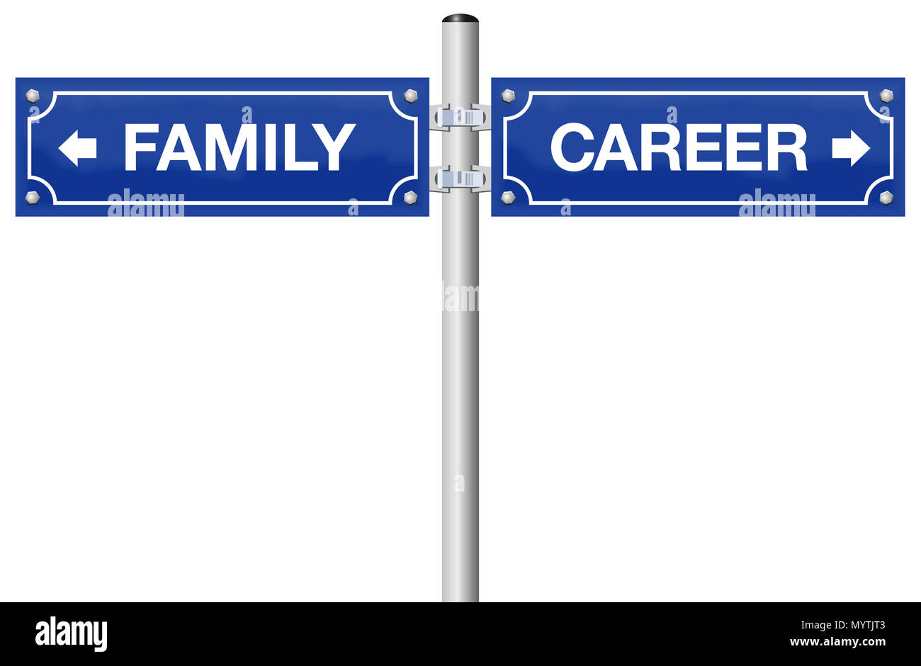Karriere oder Familie, auf der Straße Zeichen geschrieben für Business, Job und Erfolg gehen oder als Mutter oder Vater gehen - Abbildung auf weißem Hintergrund. Stockfoto