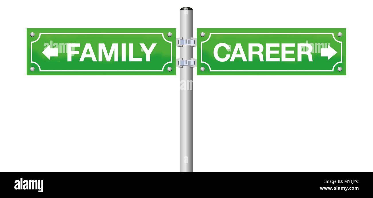 Familie oder Karriere, auf Straßenschildern geschrieben - als Mutter oder Vater gehen oder für Business, Job, Erfolg - Abbildung auf weißen Hintergrund. Stockfoto