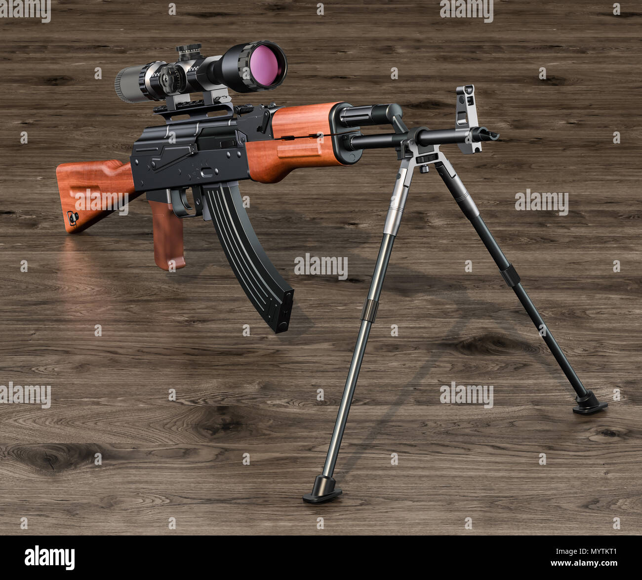 Angriff Gewehr mit Zielfernrohr und zweibein auf dem hölzernen Tisch, 3D-Rendering Stockfoto