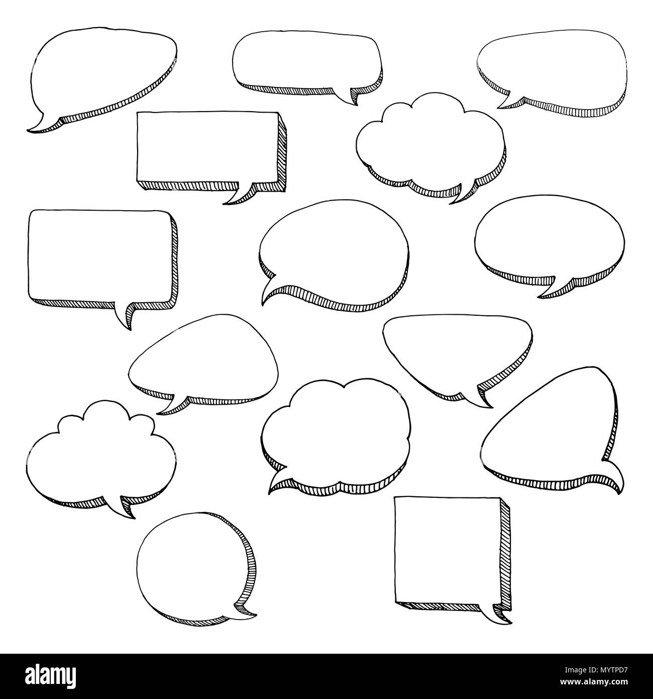 Denken, Sprechen, Sprechblasen. Künstlerische Sammlung von Hand gezeichnet Doodle style comic Ballon, Cloud und Herz. Vector Illustration in Skizze Stil. Stock Vektor