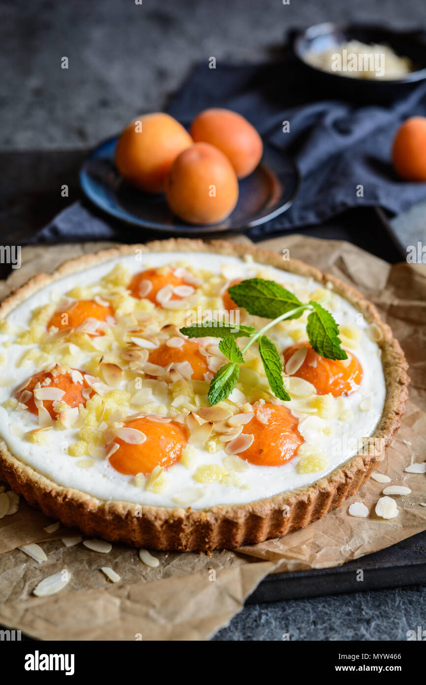 Köstliche Aprikosen und Frischkäse Törtchen garniert mit Mandel- flocken und bröckeln Stockfoto