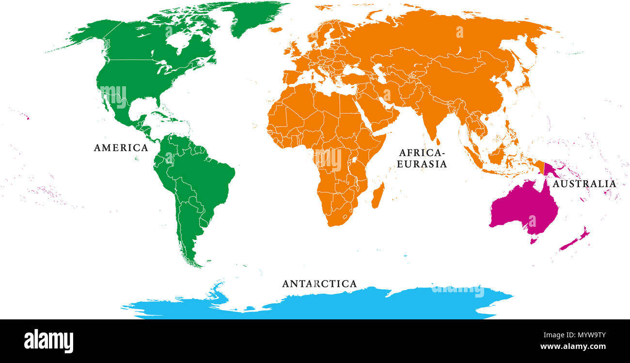 Vier Kontinenten. Weltkarte mit nationalen Grenzen. Nordamerika, Africa-Eurasia, Australien und der Antarktis. Politische Karte unter Robinson Projektion. Stockfoto