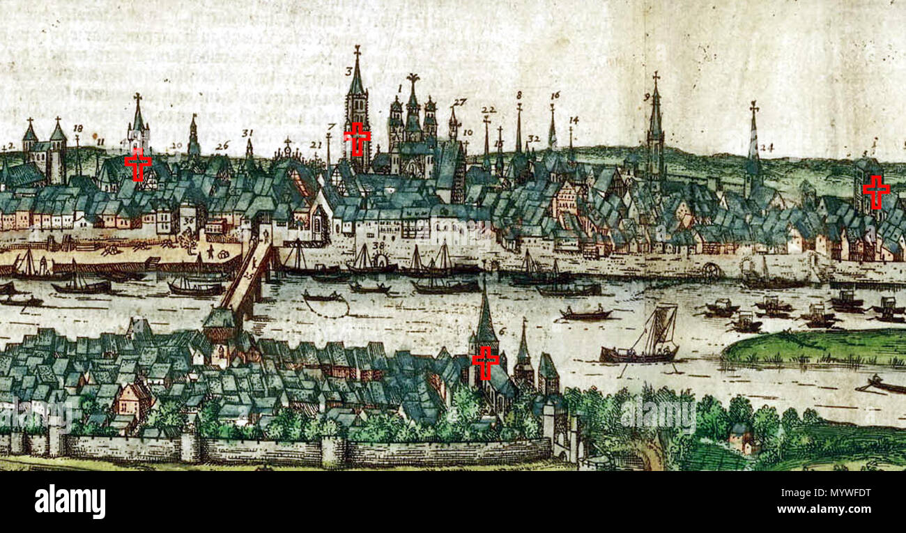 . Englisch: Blick auf die Maas und den zentralen Teil von Maastricht, Niederlande, um 1570. Detail einer Stadt Panorama von Simon de Bellomonte, 1575 in Teil 2 der Braun & Hogenberg von Atlas der Welt Städte veröffentlicht Civitates orbis terrarum. Die roten Kreuze markieren die vier Mittelalterlichen Pfarrkirchen. . 17 Januar 2017, 10:36:31. Simon de Bellomonte (1526-1615) 15 Maastricht 1570 parochiekerken Stockfoto