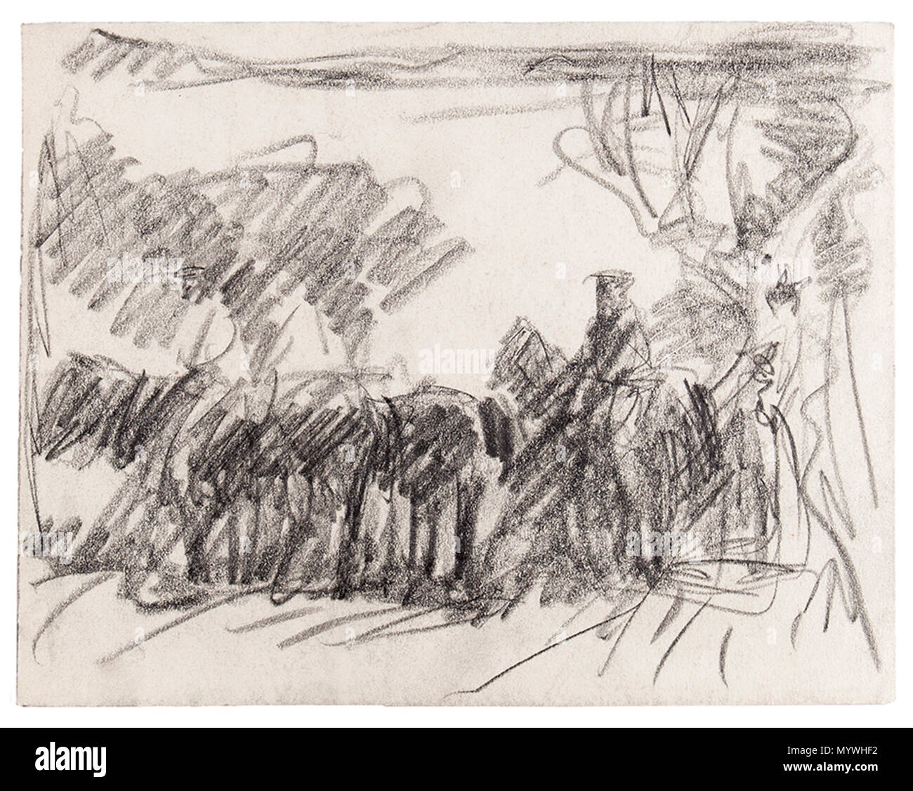 . Englisch: Pferde und Menschen, Shady Lane. Bleistift. Stempel verso: 'Harry Becker/Loftus Coll." 7 x 8,75 Zoll. . Vor 1929. Harry Becker (1865 - 1928) Beschreibung Maler Geburtsdatum / Tod 1865 1928 Behörde: Q 5667218 VIAF: ULAN: 500053973 34109508 LCCN: Nr. 2001065097 RKD: 133354 WorldCat 44 Harry Becker-BD 10. Stockfoto