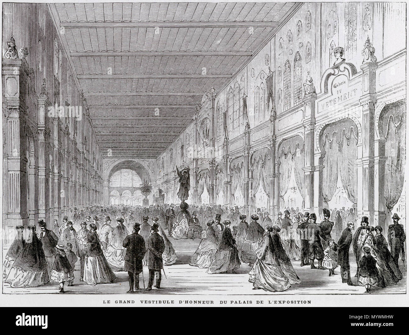 . Englisch: Besucher der Pariser Weltausstellung 1867 in der Eingangshalle des Hauptgebäudes, "Le Palais". Das Palais hatte eine kugelige Struktur, mit mehreren kreisförmigen Galerien (deren Eingang kann auf jeder Seite des zentralen Korridor auf dem Bild zu sehen) und einen Garten. Es enthielt ein wichtiger Bestandteil der Messe. Es wurde von Frédéric Le Play und Jean-Baptiste Krantz gebaut, und Exponate der Länder (Frankreich etwa 40 Prozent seiner gesamten Fläche belegt untergebracht). . Le grand Vestibül d'honneur du Palais de l'Exposition. 1868 4 Le grand Vestibül d'honneur du Palais de l'Exposition, 1868 Stockfoto
