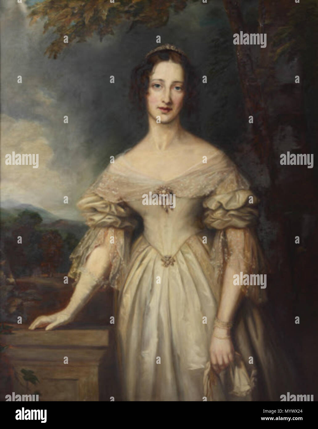 . Englisch: Ölgemälde auf Leinwand, Dame Blanche Georgiana Howard, Gräfin von Burlington (1812 - 1840) nach John Lucas (London 1807 - St John's Wood 1874). Ein drei - Viertel - Länge Portrait, gegenüber, in einer Landschaft, trug ein weißes Kleid, ihre Handschuhe in der linken Hand gehalten, ihr Recht auf ein Podest. Sie war das vierte Tochter von George Howard, 6. Earl of Carlisle (1773-1884) und Lady Georgiana Cavendish (1783-1858), die Tochter von William Cavendish fünften Herzog von Devonshire (1748-1811); heiratete William Cavendish, 2. Earl of Burlington und 7. Herzog von Devonshire (1808-1891) im Jahr 1829. Nach dem o Stockfoto