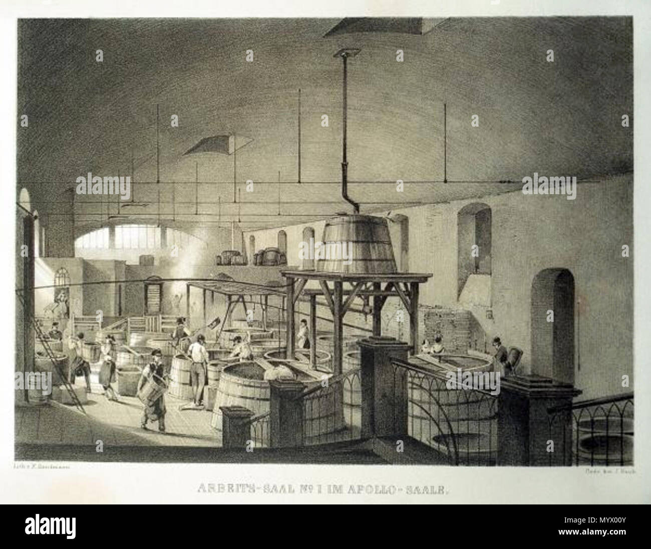 . English: Lithographie des Arbeitssaales Nr.1 der / dem Apollo-Saal benannten Apollo-Kerzenfabrik in der zieglergasse im 7. Bezirk in Wien. . Zwischen 1839 und 1859 372 Apollokerzenfabrik innen 1 Stockfoto