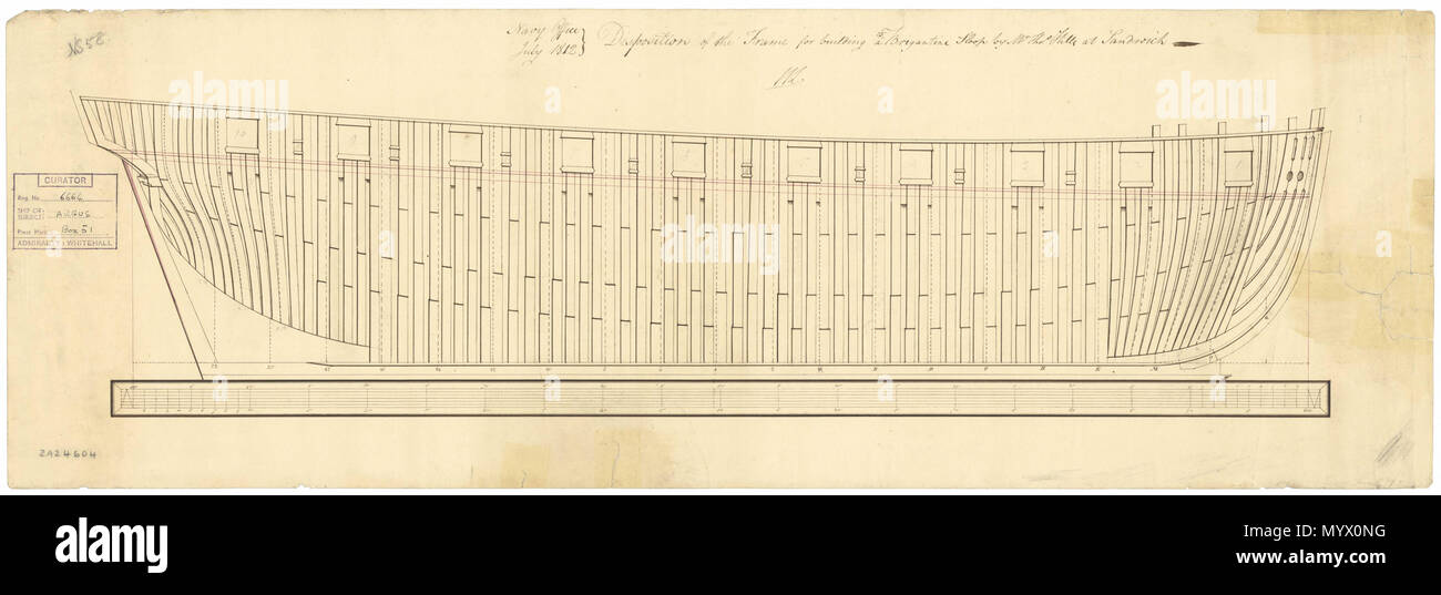 . Englisch: Argus (1813) Maßstab: 1:48. Die framing Profil (Disposition) für den Aufbau der Argus (1813), ein 18-gun Brig [Brigantine] Sloop in Sandwich von Herrn Hügel. Von William Regel [Gutachter der Navy, 1793-1813]. Frame 376 Argus (1813) RMG-J 0046 paraphiert. Stockfoto