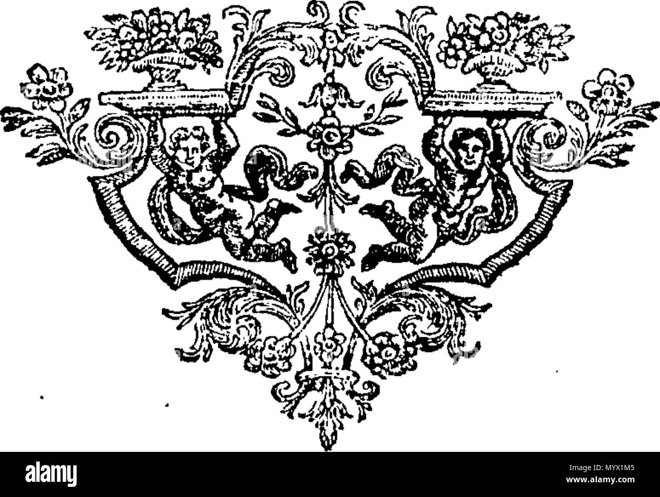 . Englisch: Fleuron aus Buch: Artikel von den Rittern, Bürgern ausgestellt und Burgesses im Parlament zusammengesetzt, die im Namen von sich selbst und von allen Commons von Großbritannien, gegen Thomas Graf von Macclesfield, In der Wartung ihrer Anklage gegen ihn für Verbrechen und Vergehen. 381 Artikel ausgestellt von den Rittern Fleuron T 063844-5 Stockfoto
