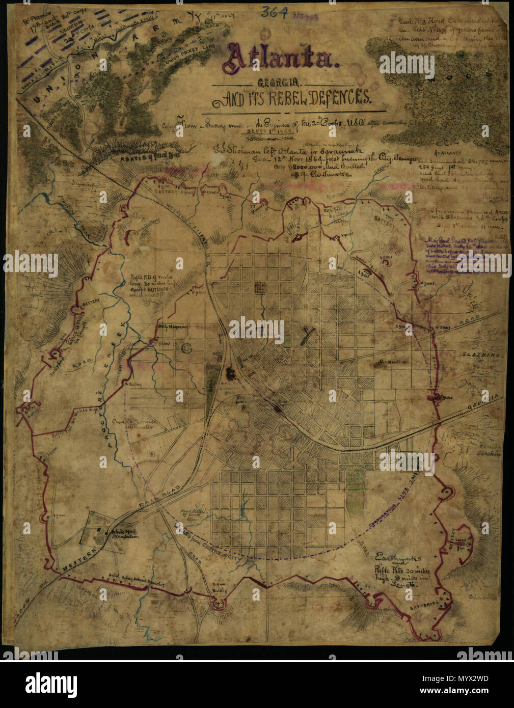 . Englisch: Karte zeigt ein detaillierter Plan der Stadt Atlanta, Ga, einschließlich der Batterien und Erdarbeiten in der Umgebung. Die Western Atlanta und der Macon & Western Railroad angegeben. Die Karte zeigt die Situation in der Stadt, die ab dem 1. September 1864; die Stadt fiel auf Sherman's Army auf der 8. . Atlanta, Georgia und seine Rebellen Verteidigung [sic]. 1. September 1864. Sneden, Robert Knox 385 Atlanta, Georgia und seine Rebellen Verteidigung (sic) LOC gvhs 01. vhs 00311 Stockfoto