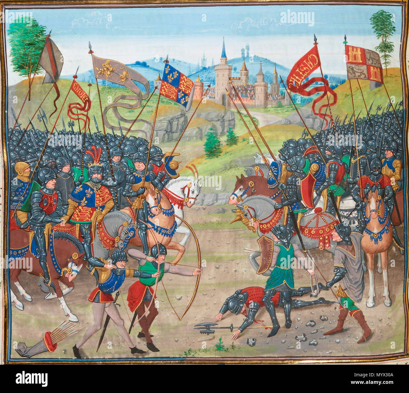 . Deutsch: Batalla de Nàjera a partir d'un manuscrit del segle XV. A l'esquerra es pot Karte anzeigen Pere ich amb Eduard, El príncep Negre. La Batalla de Nàjera, miniatura de Jean Froissart. "El Rei senyor Pere regne de Pau, Sinn altre que Häfen un títol, deu è sis Anys complert, del Dia que el rei Alfons el seu Pare fi al Real de Gibraltar al mes de Març, segona dit avemos, del Senyor de Mil è Tres-Cent è cinquanta Anys, schnelle que el rei senyor Enric va Entrar al Regne, é es Va dir Rei eine Arenzano al mes de Març, del Senyor de Tres Mil-Cent È È È seixanta sis, é de l'Era de Cèsar de Mil è qu Stockfoto